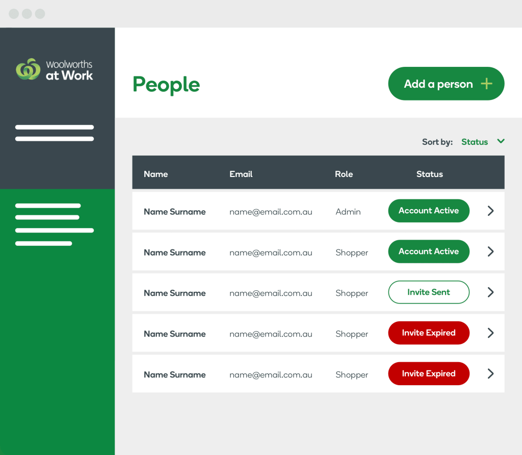 Woolworths at Work Work Hub User Interface; manage users