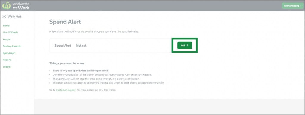 Spend Alert page screenshot to show Add button.