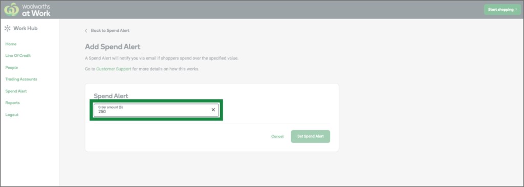 Add Spend Alert page screenshot to show order amounts.