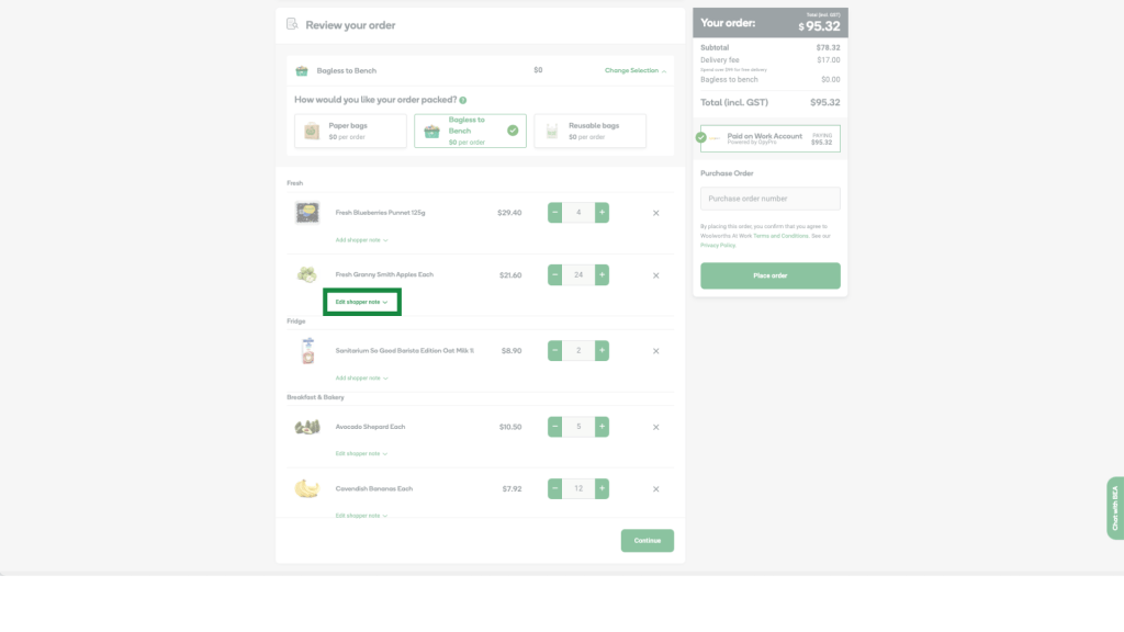 'Add shopper note' button being featured on Order reviewing page on Woolworths at Work