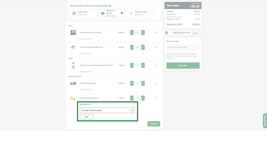 Field of 'Add shopper note' with save button on Woolworths at Work