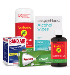 Band-Aids, Panadol, Eucalyptus Oil, Alcohol Wipes