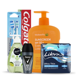 SPF 50+ Sunscreen, Colgate Toothpaste, Rexona Deodorant, Foam Hand Wash