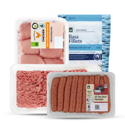 Beef Sausages, Beef Mince, Chicken Thigh Fillets Bulk, Basa Fillets