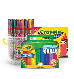 Crayola Crayons, including a 32-pack of Crayola Twistable Crayons Deskpack and sidewalk chalk.