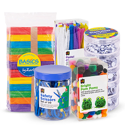 Bright coloured arts and crafts products in classroom big value packs. Safety scissors, pom poms, joggle craft eyes, pipe cleaners, popsicle sticks.