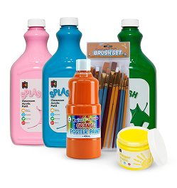 Art supplies in bulk packs for the classroom. Acrylic paint, finger paint, and paint brushes in bright colours.