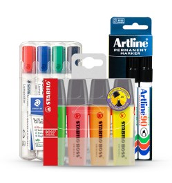 Stabilo Boss Highlighters, Artline permanent black markers pack, Stabilo White Board coloured markers pack