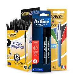 Bic black ballpoint pens pack, Bic 4 colour original retractable ballpoint pen, Artline fineline pen