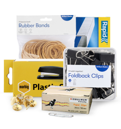 Rubber bands, Marbig stapler, staples, foldback clips, paper clips