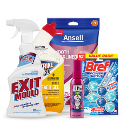 Bathroom cleaning products including Exit Mould Cleaning Spray, Strike Pro Antibacterial toilet bleach gel, Ansell rubber cleaning gloves, toiler air freshener spray