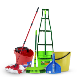 Cleaning accessories and equipment for business, including a bucket, dustpan, broom, and a Vileda Easy Wring & Clean Turbo Spin Mop & Bucket Set