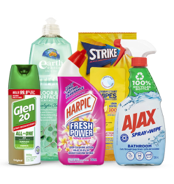 Glen 20 all in one disinfectant spray, Harpic toilet cleaner, Strike disinfectant wipes, Earth Choice Floor & Surface Eucalyptus Cleaner