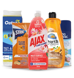 Workspace floor cleaners including Ajax floor cleaner, Strike disinfectant Floor Wipes and Earth Choice Floor Cleaner Wooden Surface