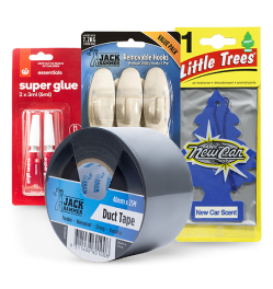 Image of hardware products including Duct tape, super glue, removable hooks, Car Air freshener