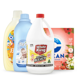 Laundry products including White King Premium Bleach, fabric softener and laundry powder