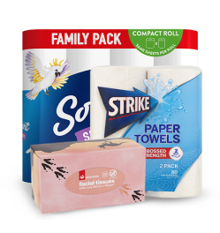 Bulk pack Sorbent toilet paper, strike paper towels and facial tissues for the office