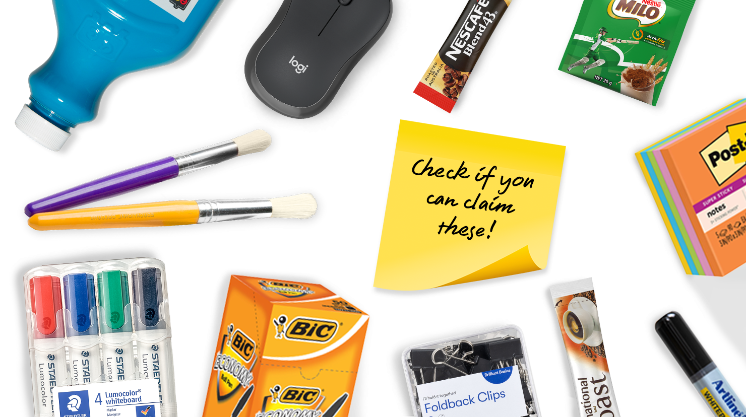 Logitech wireless mouse, bic pens, post-it notes, Milo & coffee sachet, paint brushes, blue paint, whiteboard markers, foldback clips