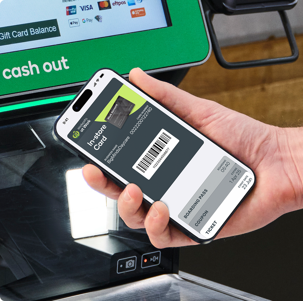 Digital in store card paying for groceries in store at self check out counter