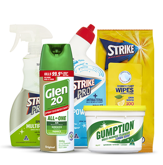 Antibacterial wipes, Disinfectant spray, Glen 20 spray, Gumption