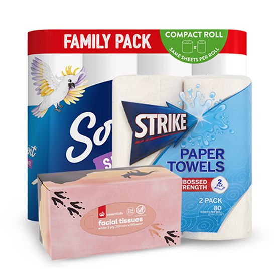 Toilet paper, paper towels, box of tissues