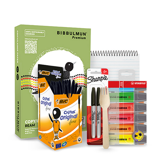 A4 copy paper, highlighters, sharpies, notebooks, bic black pens