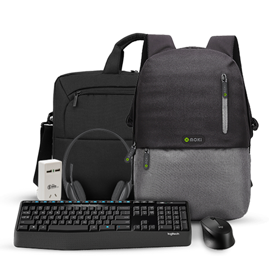 laptop backpack, laptop satchel, keyboard, mouse, headphone and power point converter for travel