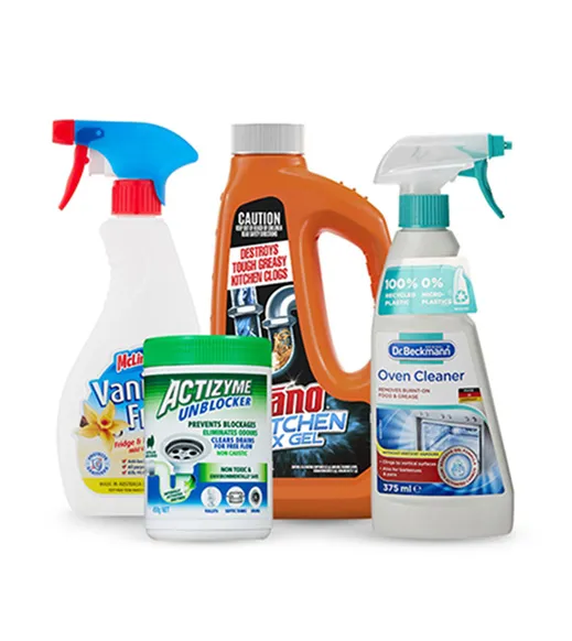 Assorted cleaning products spray bottles, drain o and bleach