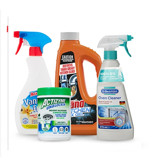 Assorted cleaning products spray bottles, drain o and bleach