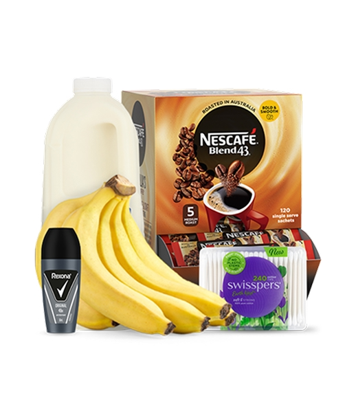 bananas, milk, nescafe coffee satchels, deodorant, cotton tips