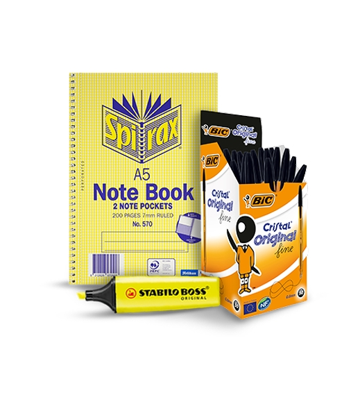 A5 notebook, yellow highlighter, box of Bic black pens