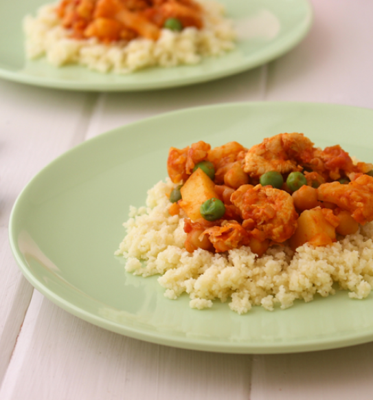 Spring lunchtime toddler recipe scaled for childcare centres: Softly Spiced Chicken and Cauliflower with Couscous